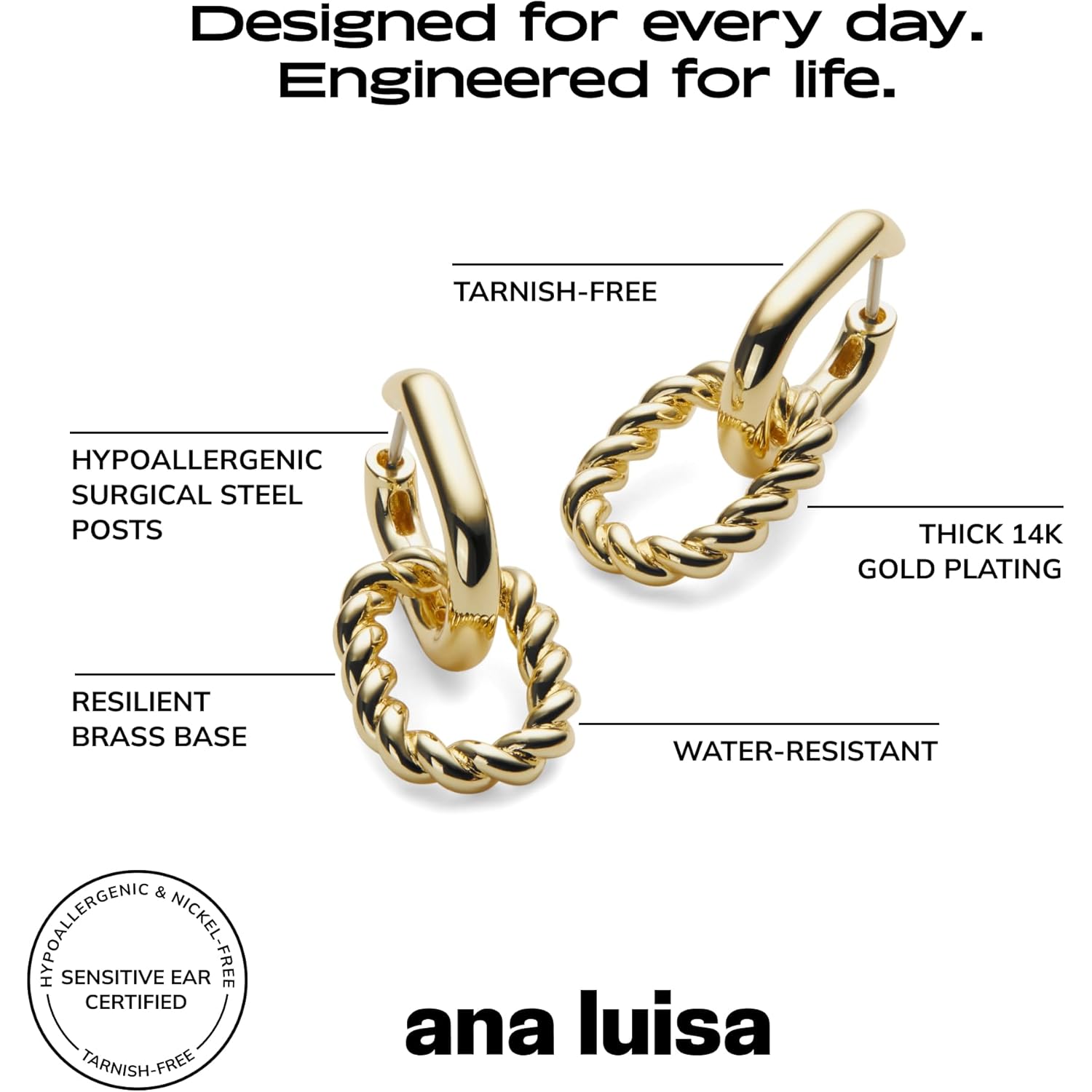 Ana Luisa Ash Double Hoop Earrings for Women - 14K Gold Plated, Silver & Two-Tone - Lightweight, Trendy Paperclip Link Huggie Hoop for Daily Wear - Hypoallergenic, Water-Resistant & Tarnish-Free