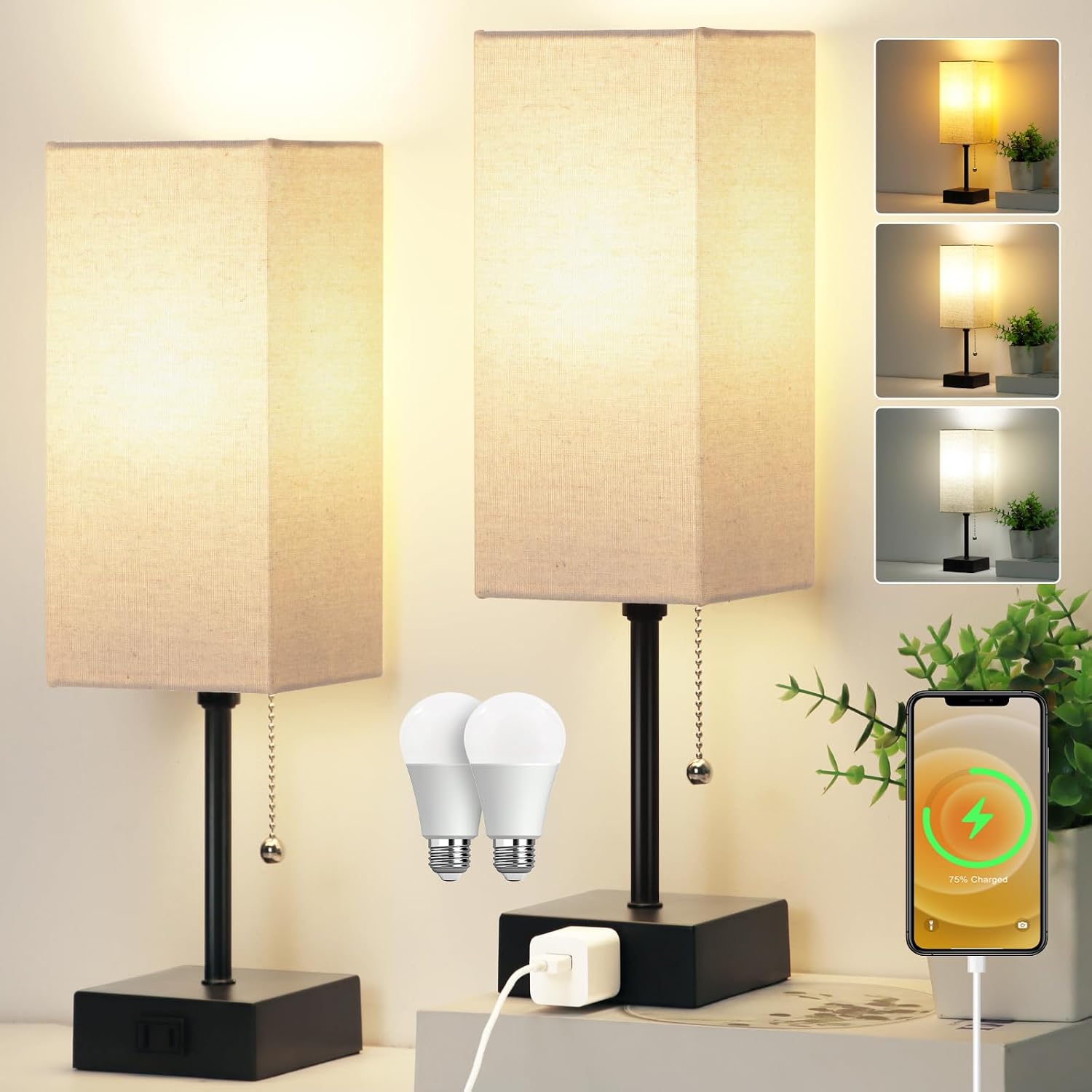 15'' Bedside Table Lamp For Bedroom Small Night Light Lamps For Night Stand | Pull Chain Table Lamps For Night Stands With Ac Outlet，Desk Lamp With 2 Bulbs Lamp For Living Room Kids Room Office Decor