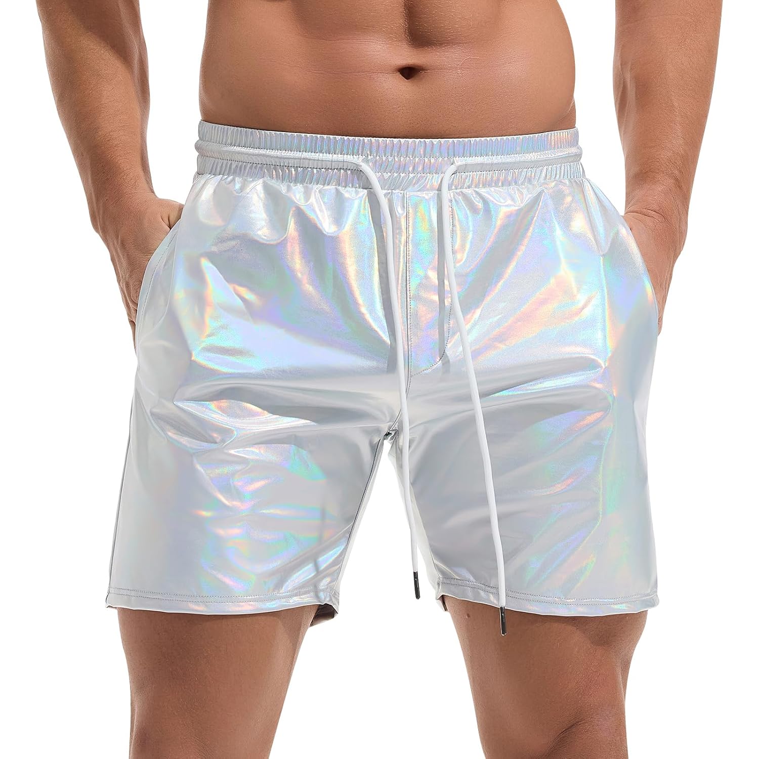 Amy Coulee Mens Metallic Shorts 5" Shiny Holographic Disco Shorts Outfit Sparkly Rave Hot Drawstring Shorts