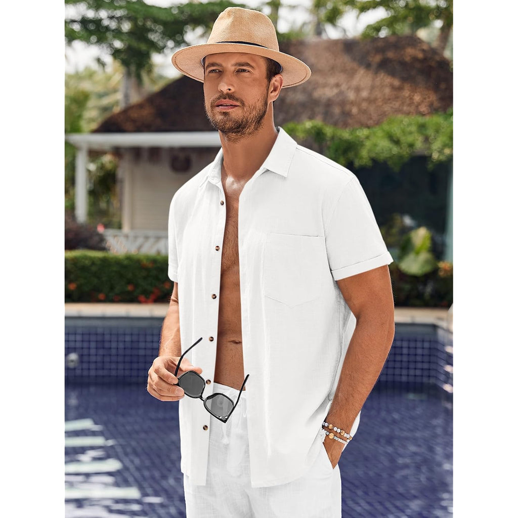 Bbalizko Mens Short Sleeve Button Up Shirts Linen Cotton Beach Tops Spread Collar Plain Summer T Shirt With Pocket