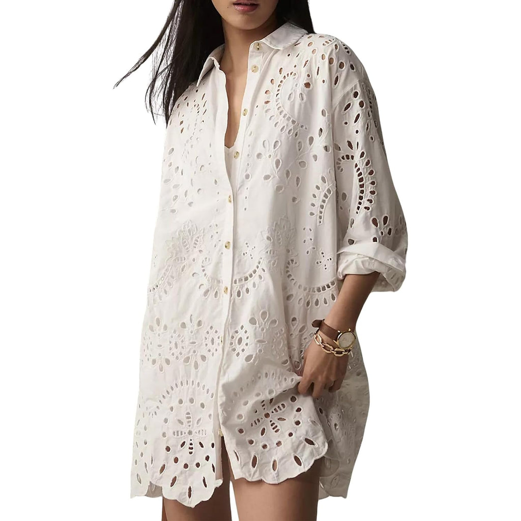 Chartou Women Eyelet Lace Dress Button Down Shirt Loose Fit Summer Casual Mini Dress