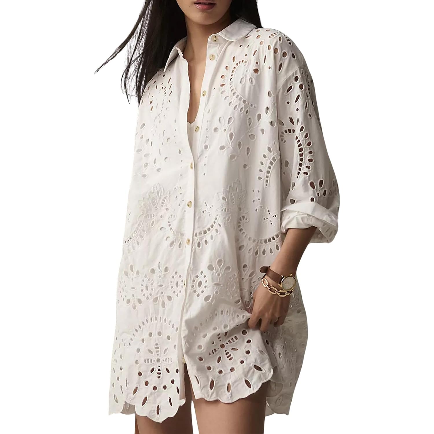 Chartou Women Eyelet Lace Dress Button Down Shirt Loose Fit Summer Casual Mini Dress