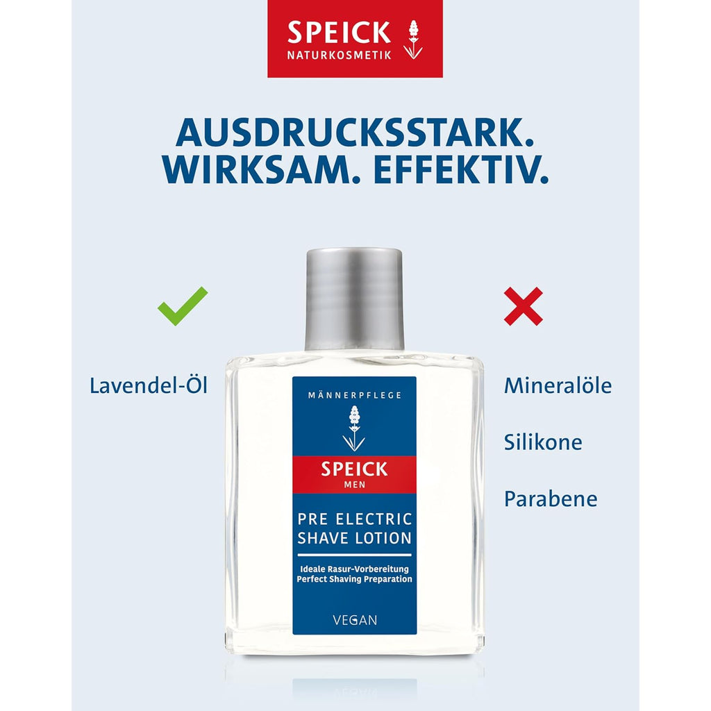 Speick Men Pre Electric Shave Lotion with Relaxing Lavender Oil and a Blend of Essential Oils, Natural Vegan Skin Care, 3.4 Fluid Ounces