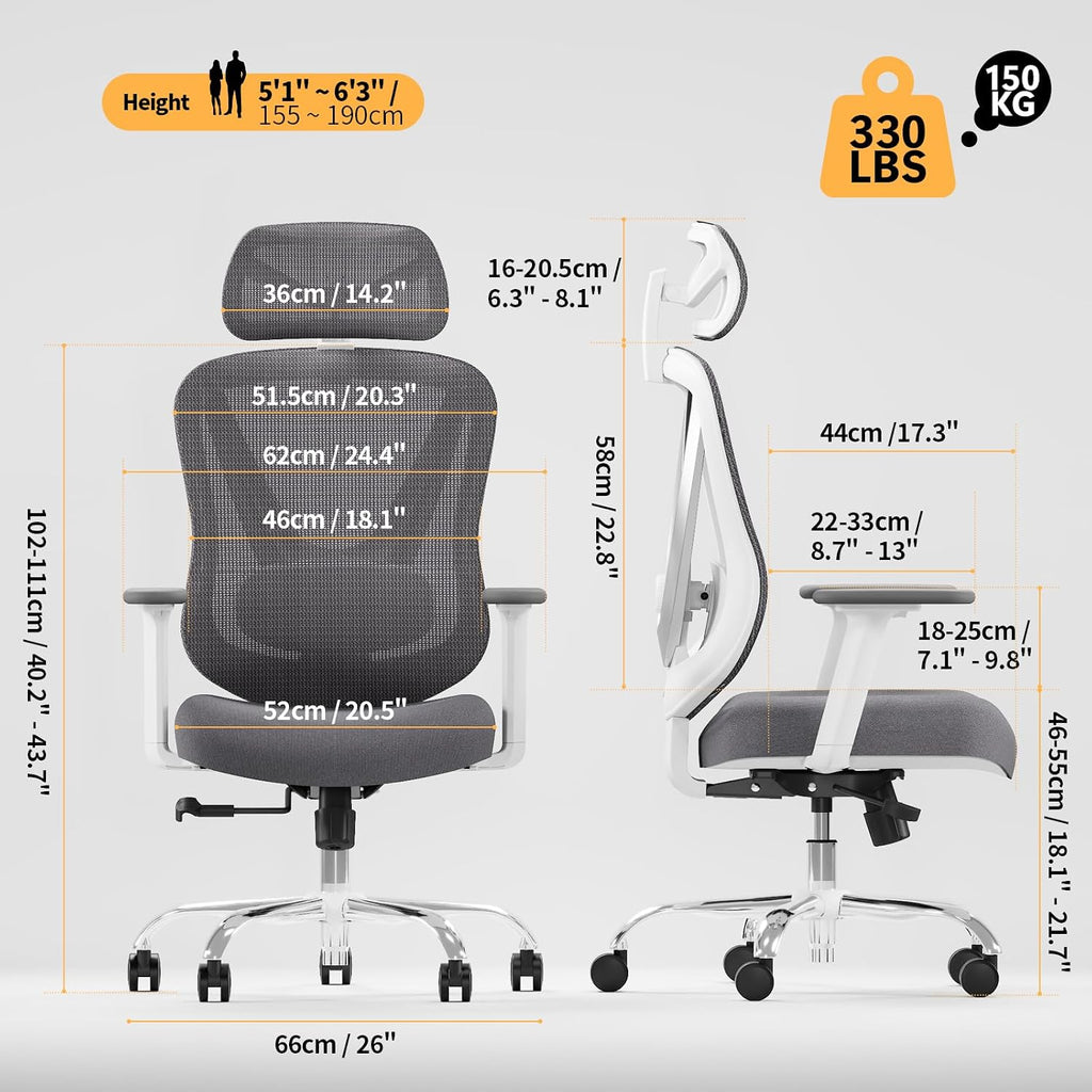 Ergonomic Mesh Office Chair - 3D Adjustable Lumbar Support & 3D Armrests, V-Shaped Back, Adjustable Desk Chair For Office & Home, White