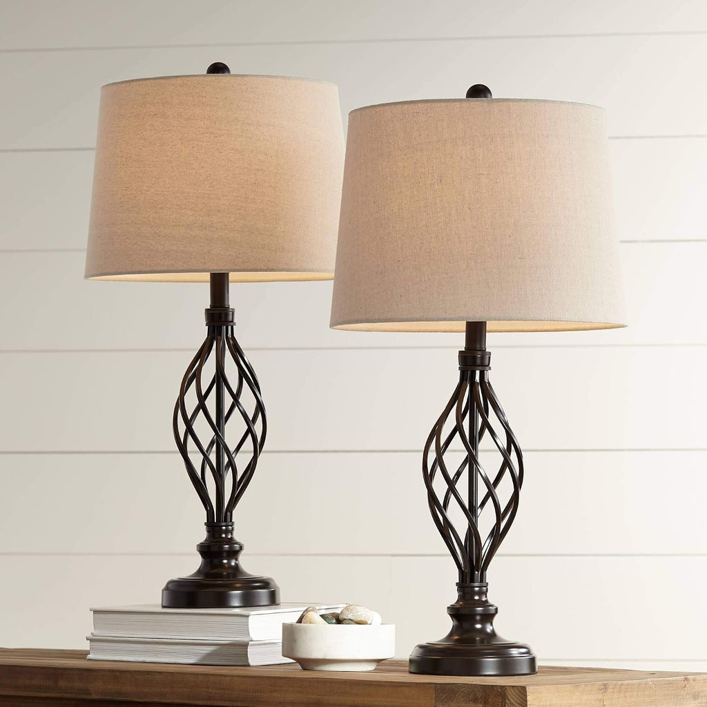 Annie 28" Tall Table Lamps Set Of 2 Open Scroll Iron Bronze Brown | Traditional Farmhouse Rustic Living Room Bedroom House Bedside Nightstand Home Tapered Cream Drum Shade