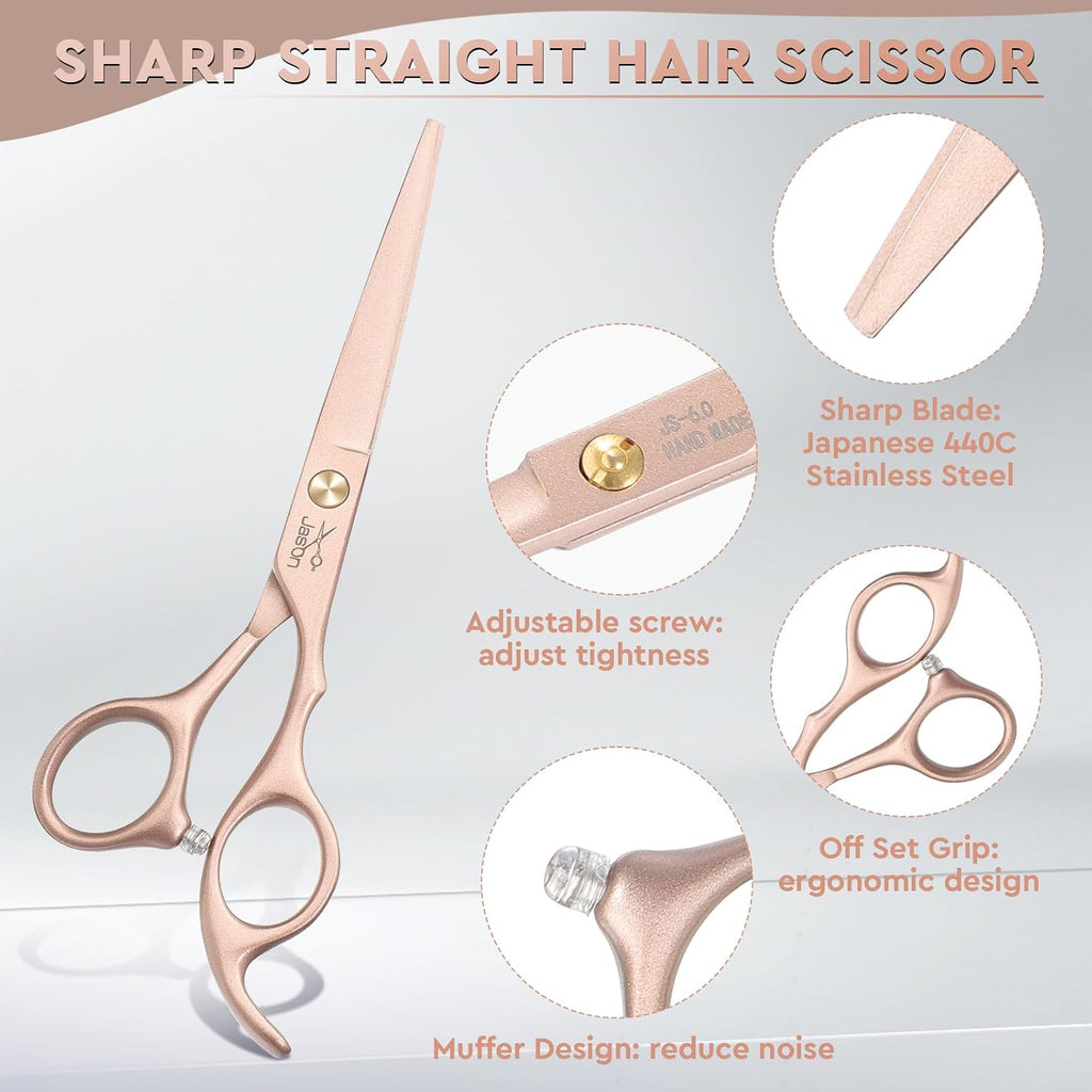 Jason Hair Cutting Scissors Set - 10-Piece Hair Thinning Texturizing Shears Straight For Men, Women & Home Salon Rosegold 6.0"
