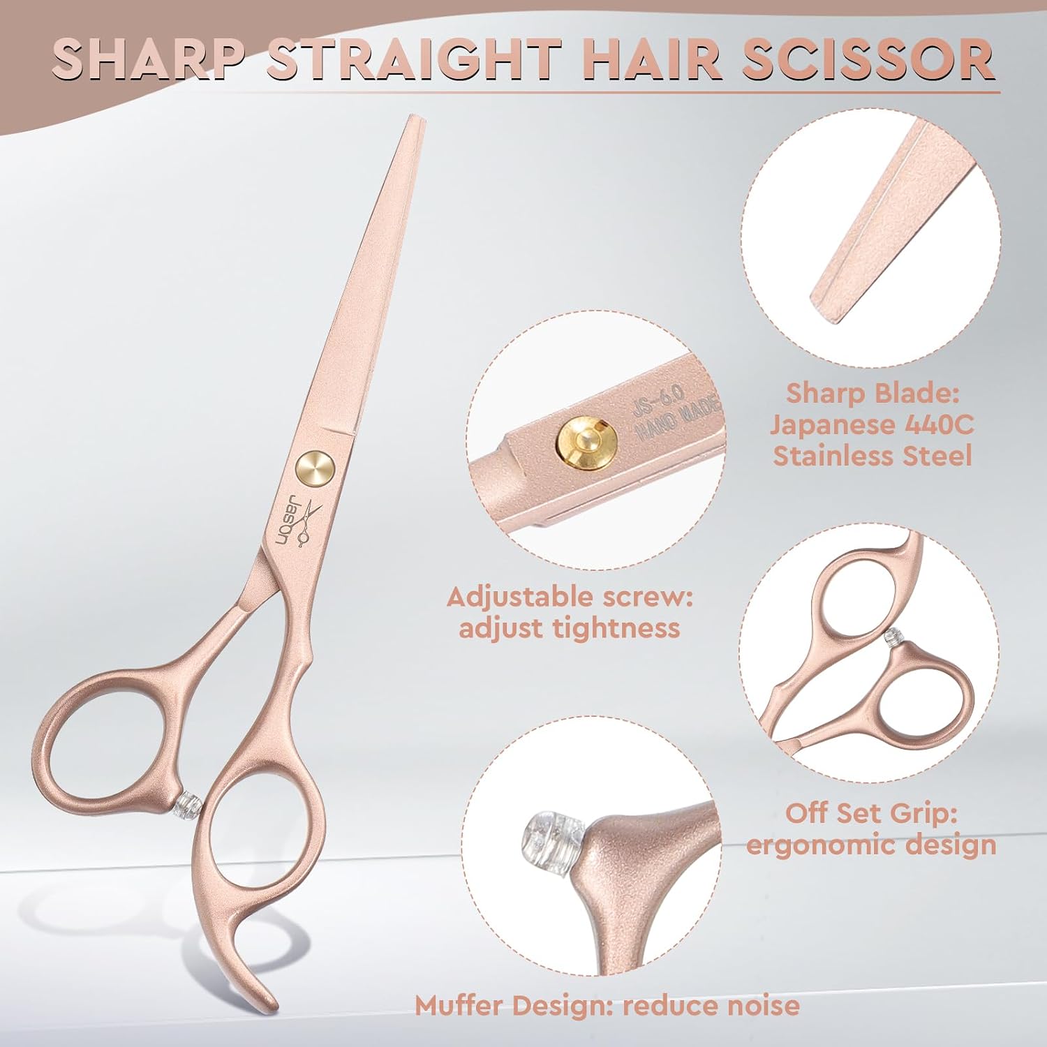 Jason Hair Cutting Scissors Set - 10-Piece Hair Thinning Texturizing Shears Straight For Men, Women & Home Salon Rosegold 6.0"