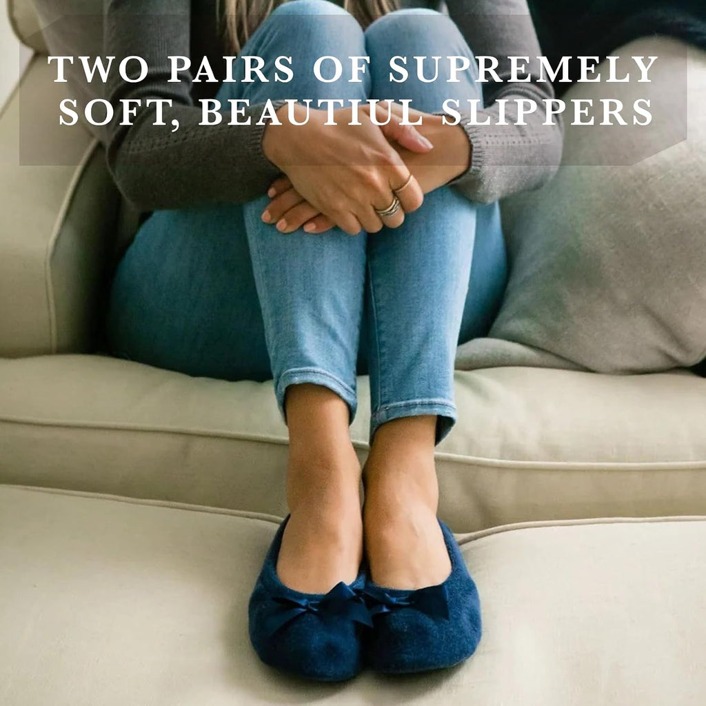 Isotoner Women'S 2 Pack Mictroterry Ballerina Slipper With A Satin Bow