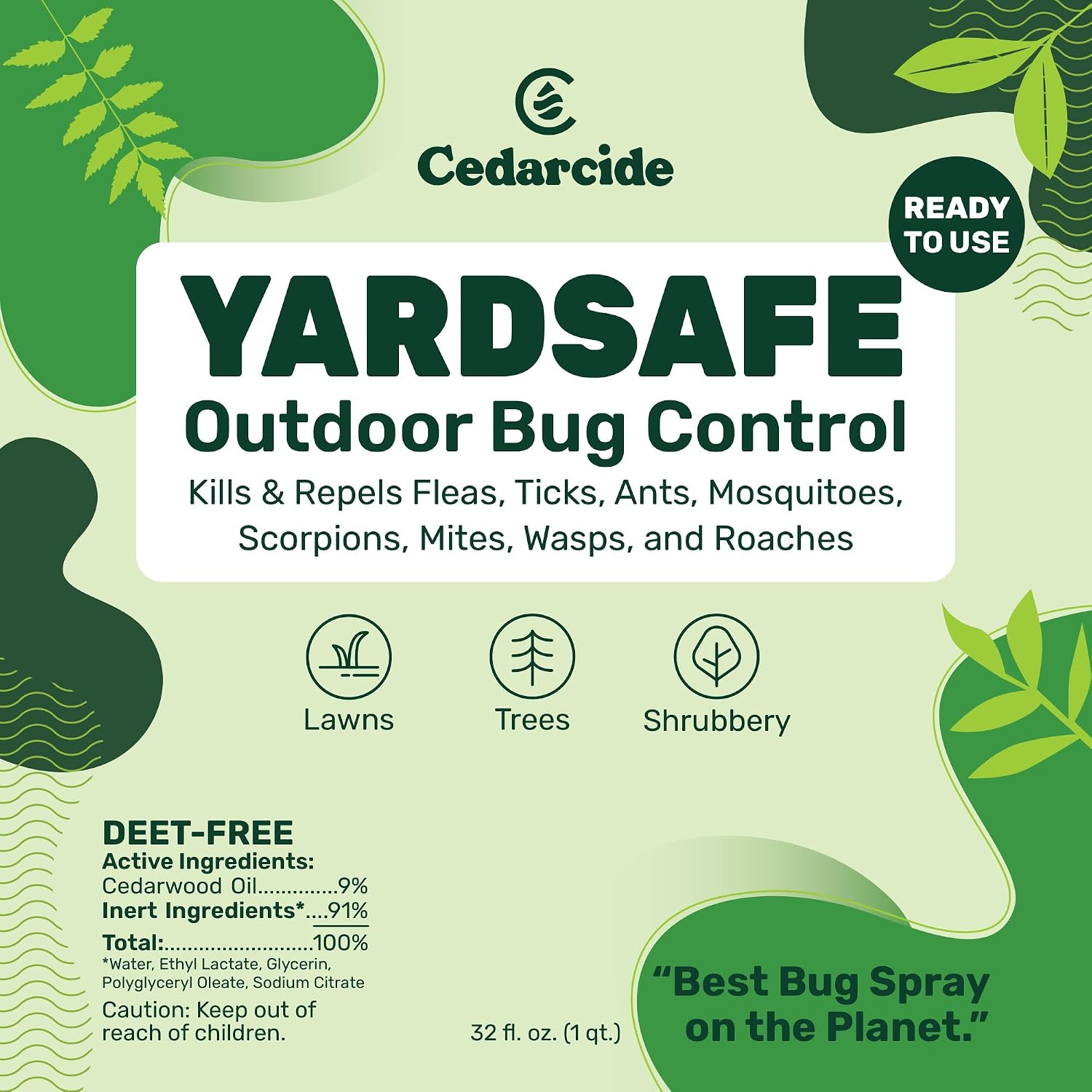 Cedarcide Yardsafe | Kills & Repels Mosquitoes, Ticks, Fleas, Mites & More With Natural Essential Oils | Family & Pet-Safe | Eco-Friendly | 1 Quart (32 Oz.)