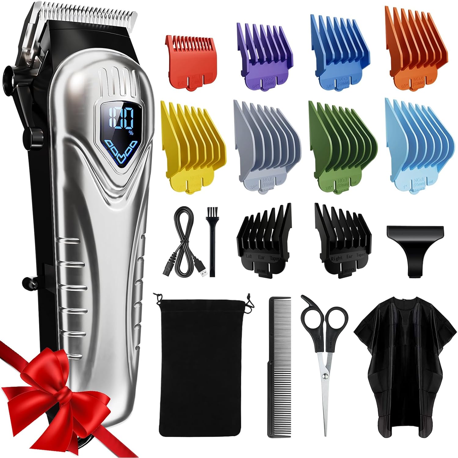 Chicclly Professional Hair Clippers For Men&Women, Low Noise Hair Cutting Kit With 10 Color Combs, Led Display, Gifts For Men, 5H Cordless Clippers And Trimmers Set With Scissors,Cape