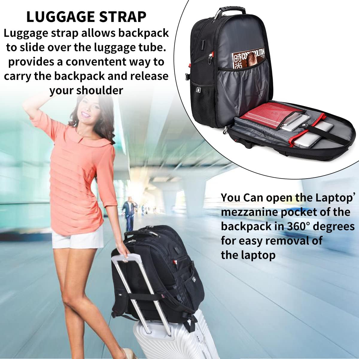 Shrradoo Extra Large 50L Travel Laptop Backpack With Combination Lock,High School College Backpack Airline Approved Business Work Bag Fit 17 Inch Laptops For Men Women,Black
