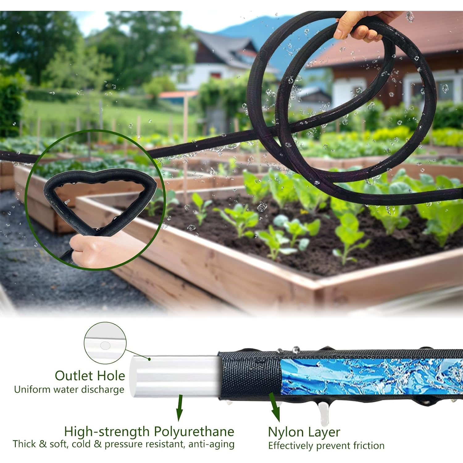 Soaker Hose 100Ft, Thickened Flat Soaker Hoses For Garden 100 Ft 2 Pack, Drip Irrigation Hose Saves 80% Water, Leak-Free Design Water Hose With Holes For Lawn, Flower Bed, Vegetable Field (50 Ft X 2)