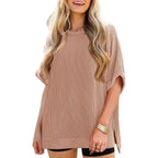 Tankaneo Womens Oversized T Shirts Summer Casual Ribbed Batwing Short Sleeve Tunic Tops Loose Fit Dolman Sleeve Tees