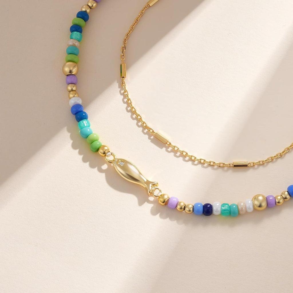 KELORIS PATH Layered Ankle Bracelets for Women, Beaded Anklets with 14K Gold Fish Adjustable Summer Waterproof Handmade Jewelry