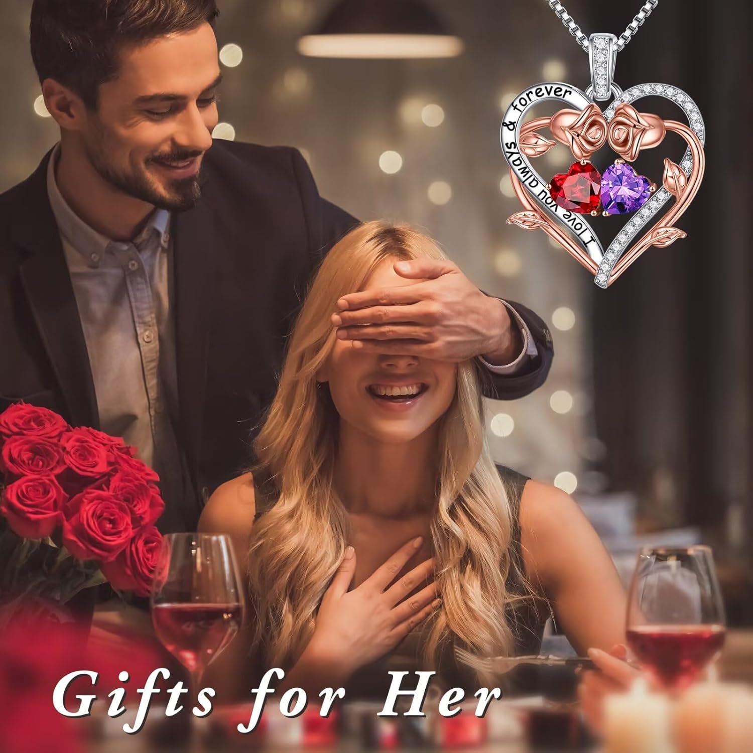 Iefil Mothers Day Gifts for Wife - Rose Heart Double Birthstone Necklace Gifts for Wife Girlfriend Her Women, Birthstone Jewelry Gemstone Birthday Gift for Mom Grandma Her Women