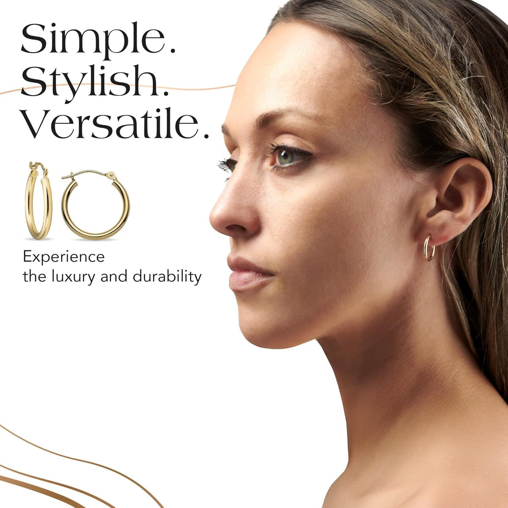 MAZZERI Solid Gold Hoop Earrings 14k Real Gold For Women and Men - Hypoallergenic, Made in the USA, Available in Yellow or White Gold