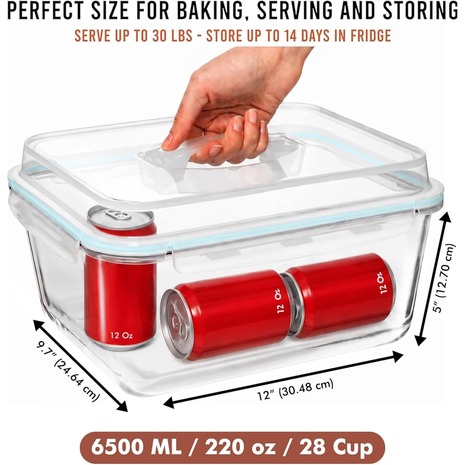 6500 Ml / 220 Oz / 28 Cup Large Glass Food Storage Container With Airtight Locking Lid. Ideal Storing Food, Vegetables, Fruits. Baking Casserole, Lasagna, Roasting Turkey, Chicken Bpa Free Oven Safe