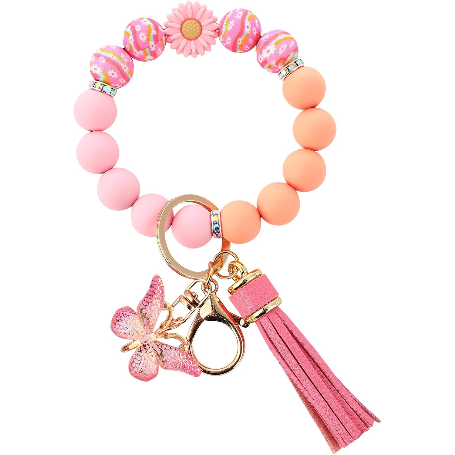 Cute Silicone Beaded Keychain，Key Chain Holder for Car Keys Women Girl，Daisy Silicone Key Wristlet Resin Butterfly
