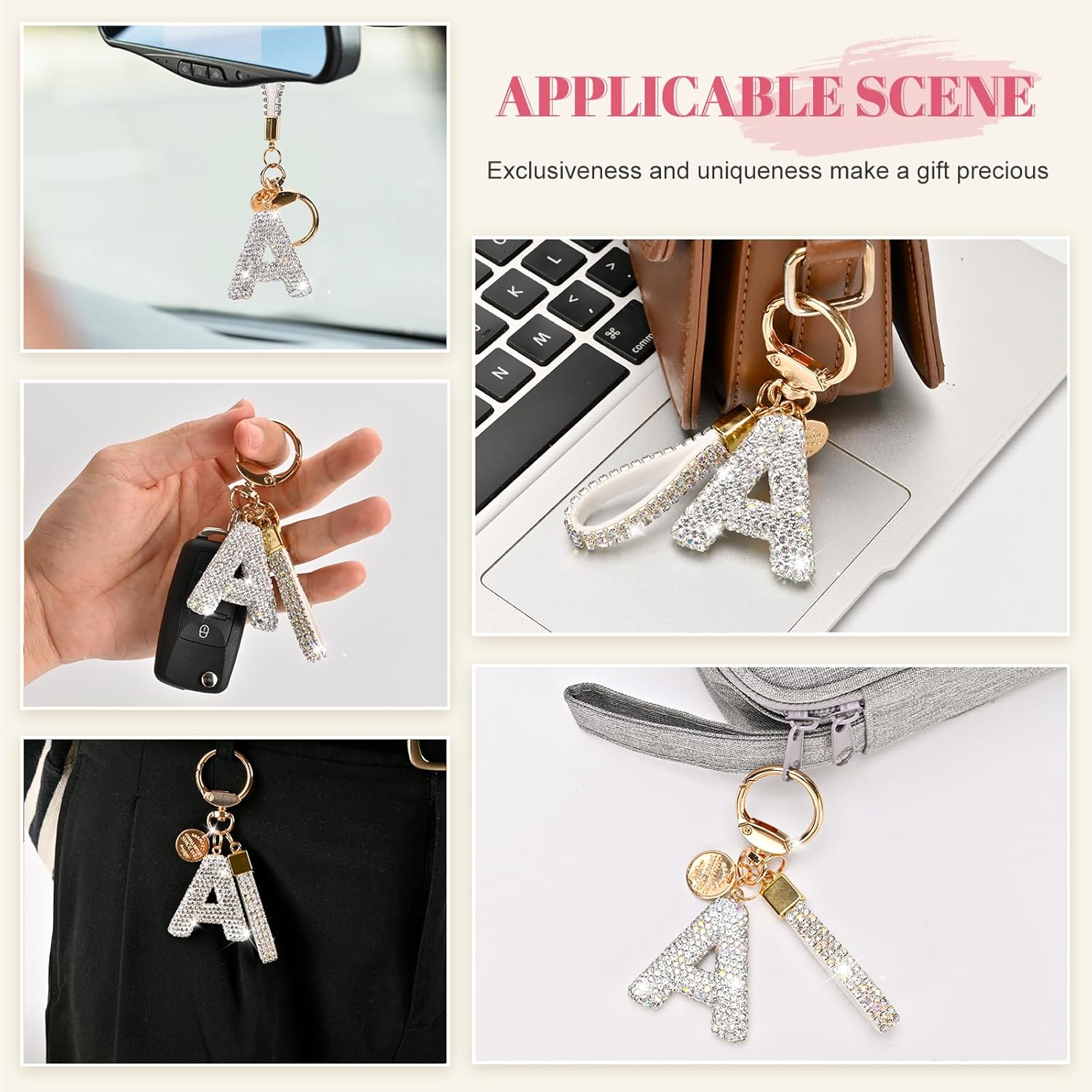 Initial Letter Keychain for Women Girls, Bling cute KeyChain for Car Key Accessories Lanyard and Backpack Bag，Perfect Gift