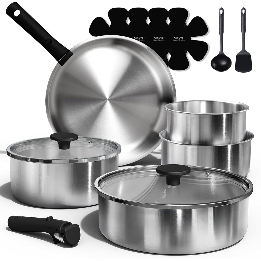 CAROTE Pots and Pans Set, Stainless Steel Cookware Set Detachable Handle, 15pcs Induction Kitchen Cookware Sets with Removable Handle, RV Cookware Set, Oven Safe, Mothers Day Gifts