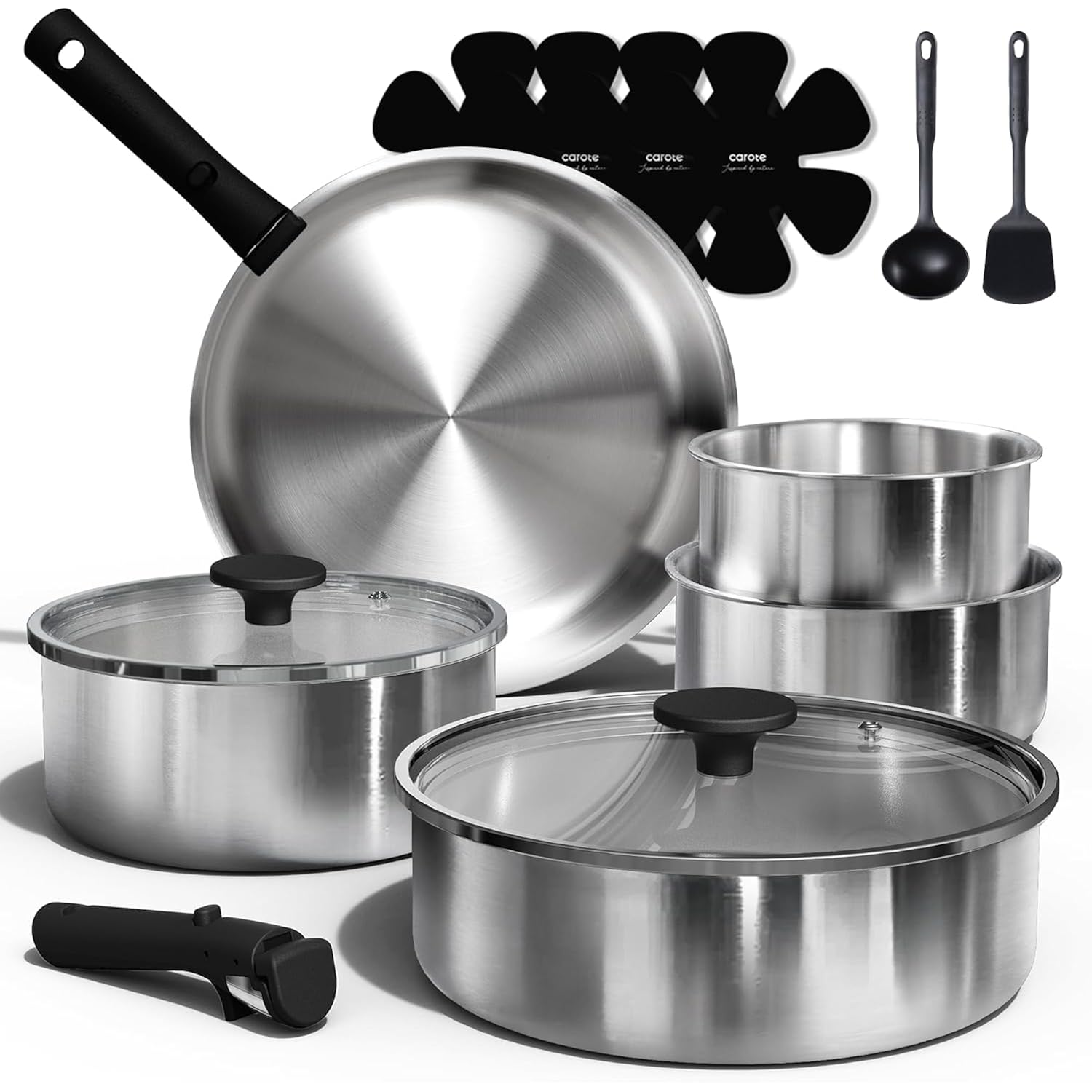 CAROTE Pots and Pans Set, Stainless Steel Cookware Set Detachable Handle, 15pcs Induction Kitchen Cookware Sets with Removable Handle, RV Cookware Set, Oven Safe, Mothers Day Gifts