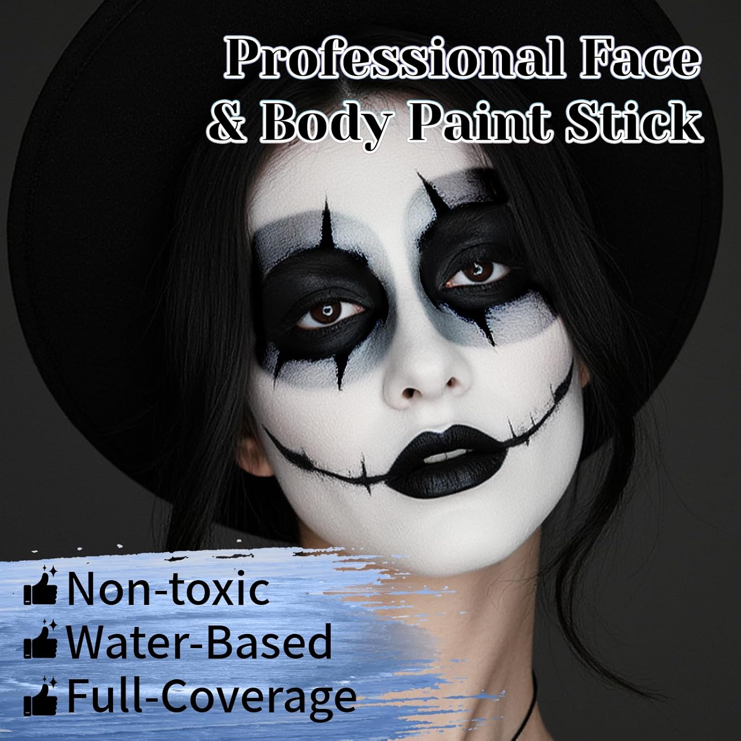 YBUETE Black White Grey Face Body Paint Stick Set with Translucent Setting Powder and 3 Sponges, Professional Full Coverage Face Painting for Adults Halloween Cosplay SFX Skeleton Monster Makeup