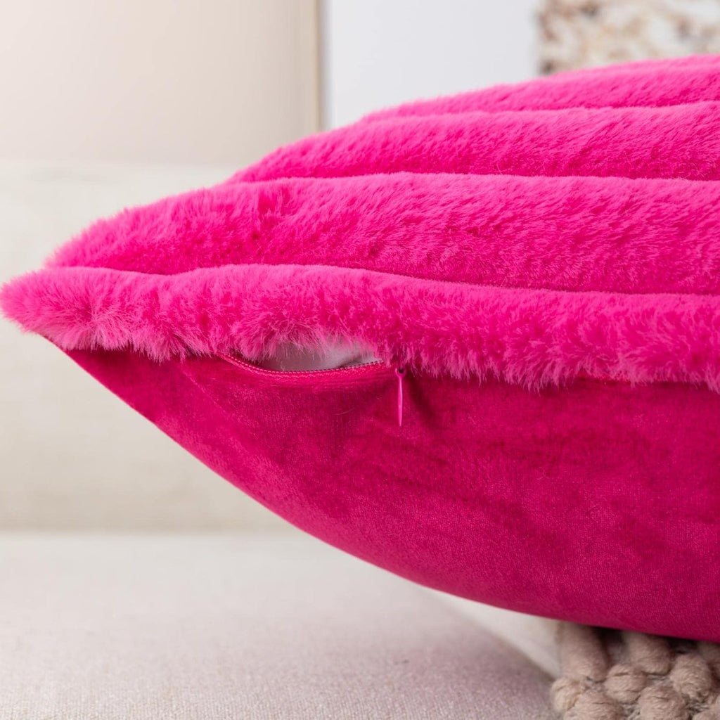 Zlina Set Of 2 Hot Pink Faux Fur Decorative Throw Pillow Covers Fluffy Striped Pillowcase Cushion Covers 18 X 18 Inch Decor Sofa Couch Bedroom