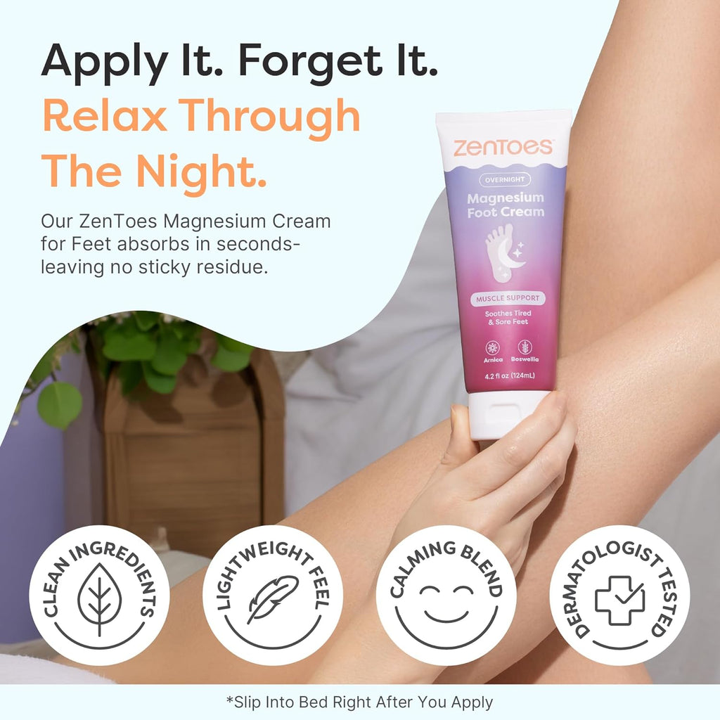 ZenToes Magnesium Cream with Arnica | Relaxation Support & Moisturizing Foot Cream for Legs & Calves | Magnesium Lotion for Feet & Sleep Support | Relaxing Nighttime Foot Balm | 4.2oz