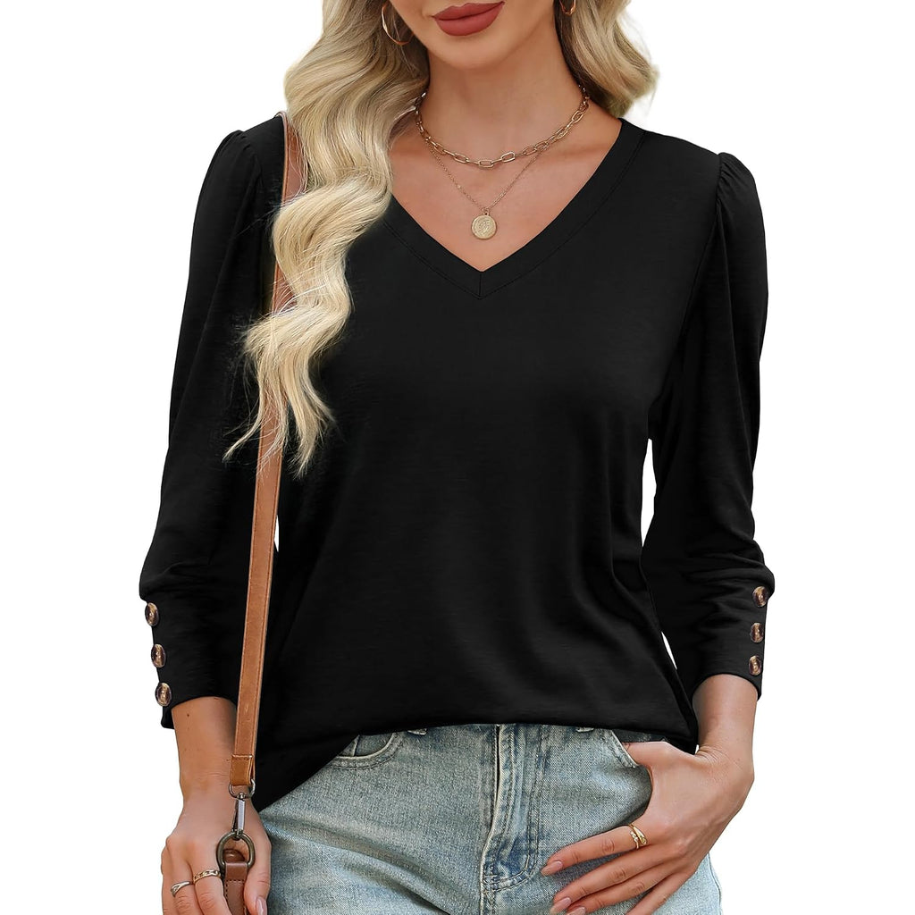 Xieerduo Womens 3/4 Sleeve Tops With Buttons V-Neck Summer Outfits Casual Blouses Shirts Beach Vacation Fall Clothes 2026