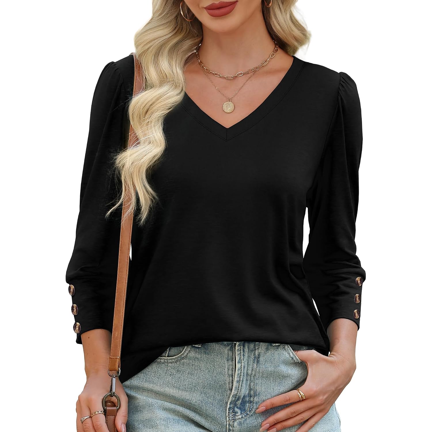 Xieerduo Womens 3/4 Sleeve Tops With Buttons V-Neck Summer Outfits Casual Blouses Shirts Beach Vacation Fall Clothes 2026