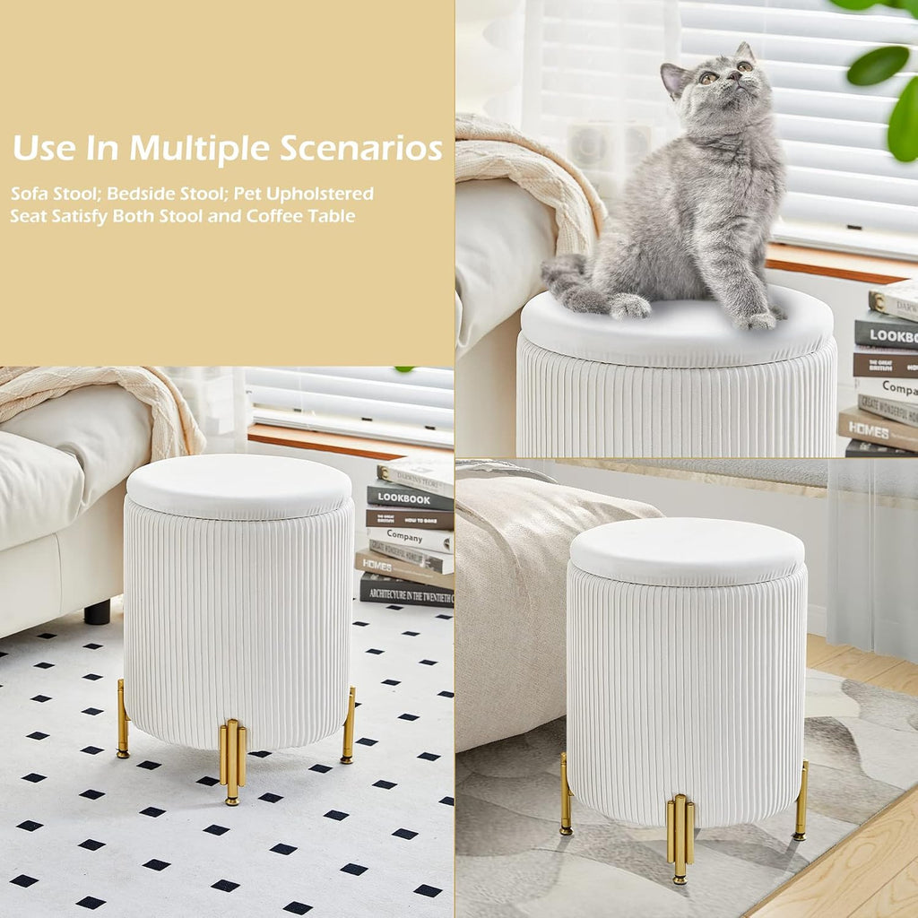 Round Ottoman Foot Stool With Storage And Metal Legs For Living Room Bedroom, Velvet Upholstered Footrest Stool Support 300Lbs Modern Padded Seat Ottoman Coffee Table (Cream)