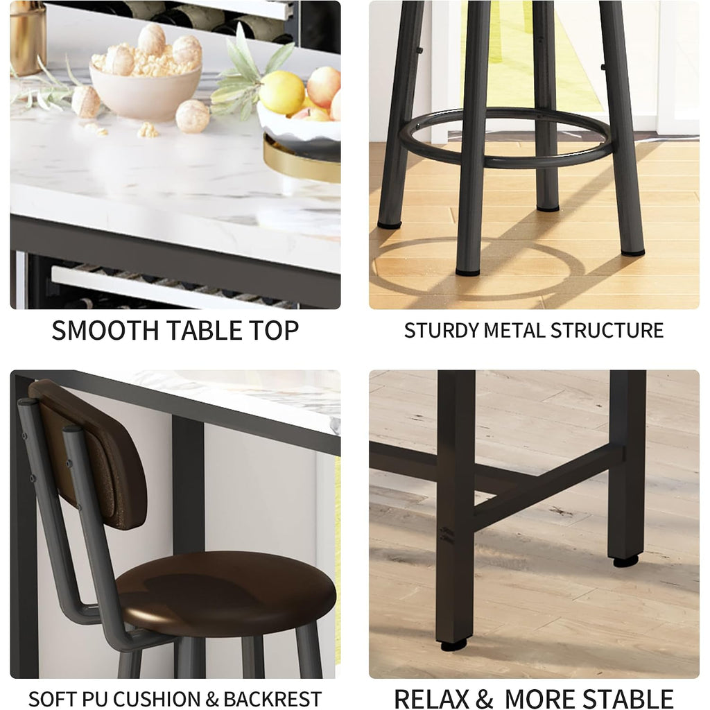 Awqm 3 Piece Bar Table Set Of 2,39.3" Pub Bar Table And Chairs Set,Faux Marble Bar Height Table With 2 Backrest Stools,Small Dining Table For 2,Kitchen Table Set For Small Space,White & Brown