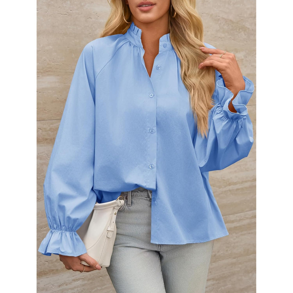 Womens Puff Long Sleeve Button Down Shirts Pleated V Neck Cotton Blouses Loose Fit Casual Ruffle Tops