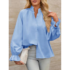 Womens Puff Long Sleeve Button Down Shirts Pleated V Neck Cotton Blouses Loose Fit Casual Ruffle Tops