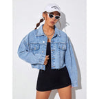 Makemechic Women'S Casual Long Sleeve Raw Hem Jean Jacket Button Down Crop Denim Jacket