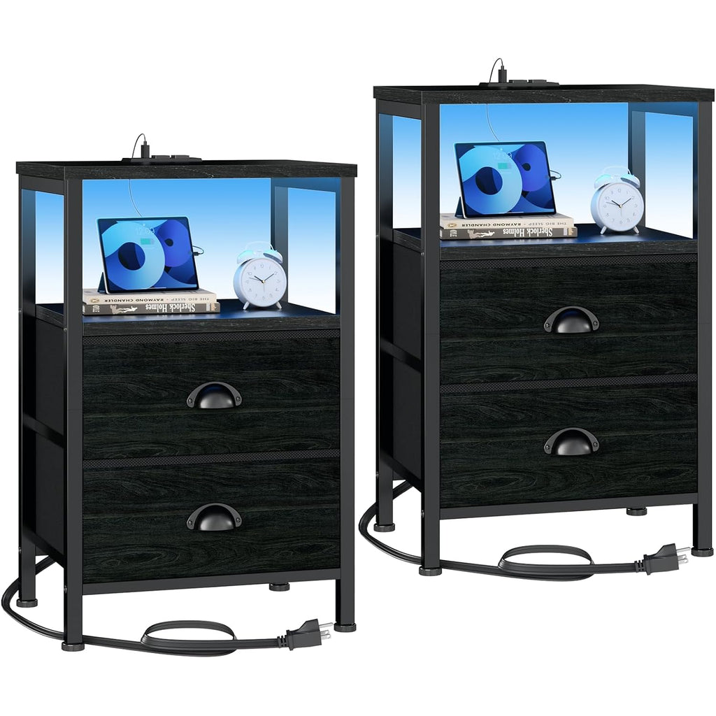 Furologee Nightstands Set Of 2, End Tables With Charging Station And Led Lights, Black Night Stands With 2 Fabric Drawers, Bedside Tables Set Of 2 For Living Room/Bedroom,Black Oak