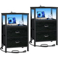 Furologee Nightstands Set Of 2, End Tables With Charging Station And Led Lights, Black Night Stands With 2 Fabric Drawers, Bedside Tables Set Of 2 For Living Room/Bedroom,Black Oak