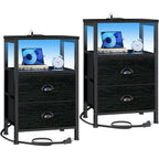 Furologee Nightstands Set Of 2, End Tables With Charging Station And Led Lights, Black Night Stands With 2 Fabric Drawers, Bedside Tables Set Of 2 For Living Room/Bedroom,Black Oak