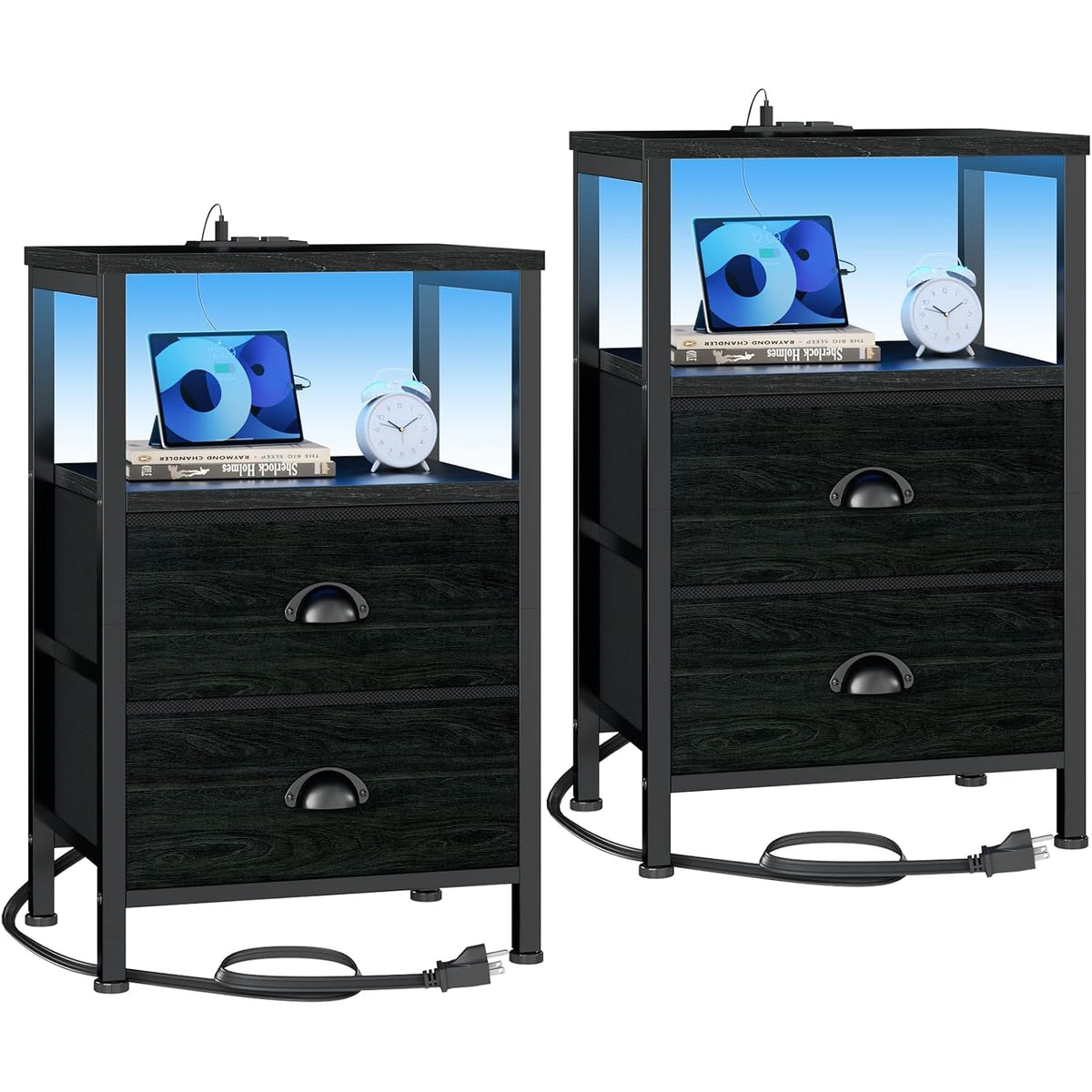 Furologee Nightstands Set Of 2, End Tables With Charging Station And Led Lights, Black Night Stands With 2 Fabric Drawers, Bedside Tables Set Of 2 For Living Room/Bedroom,Black Oak