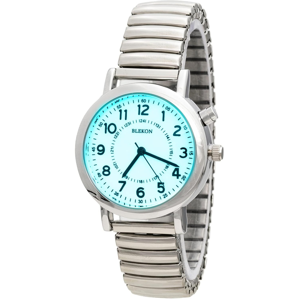 Women'S Light Up Dial Watch, Analog Display, 33Mm Metal Case, Push Button, Glossy Expansion Band, White
