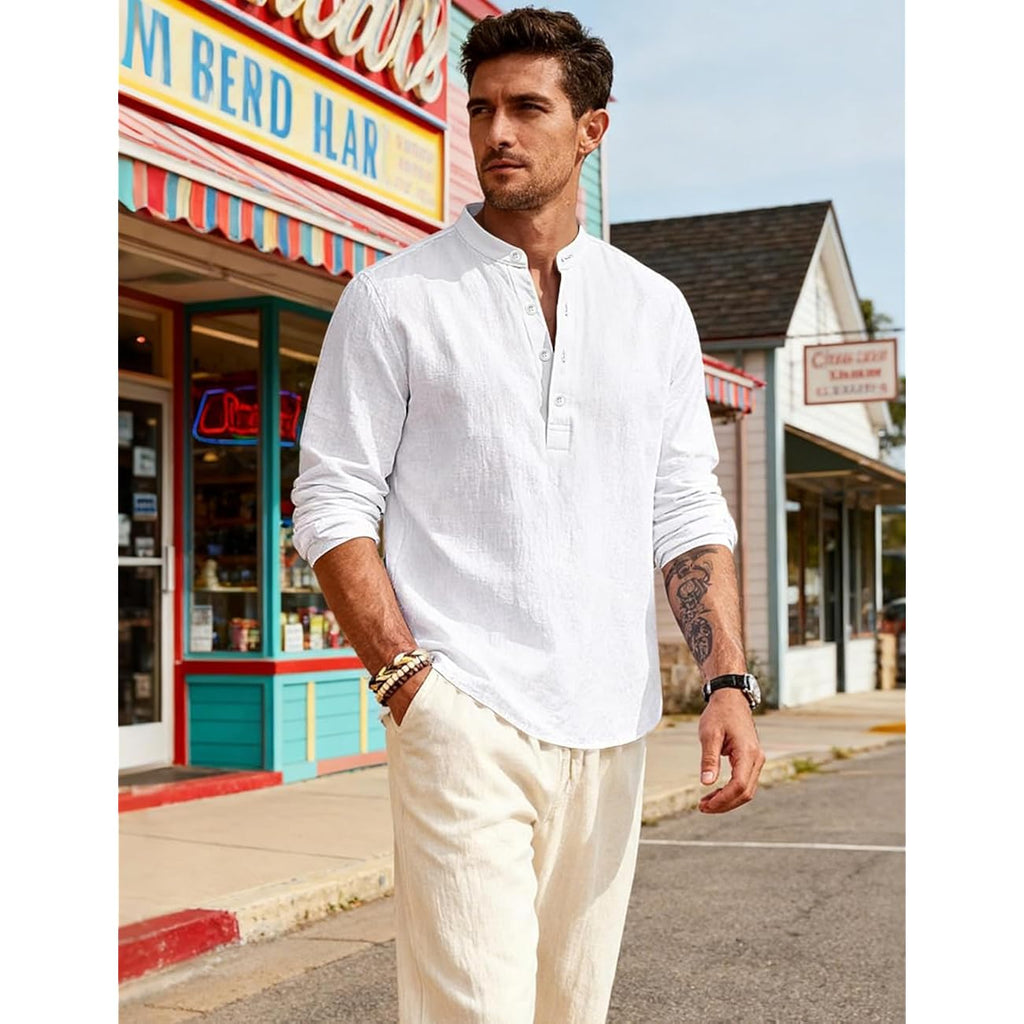 Men'S Linen Shirts Henley T-Shirts Long Sleeve Casual Beach T-Shirts Solid Tops Shirts For Men
