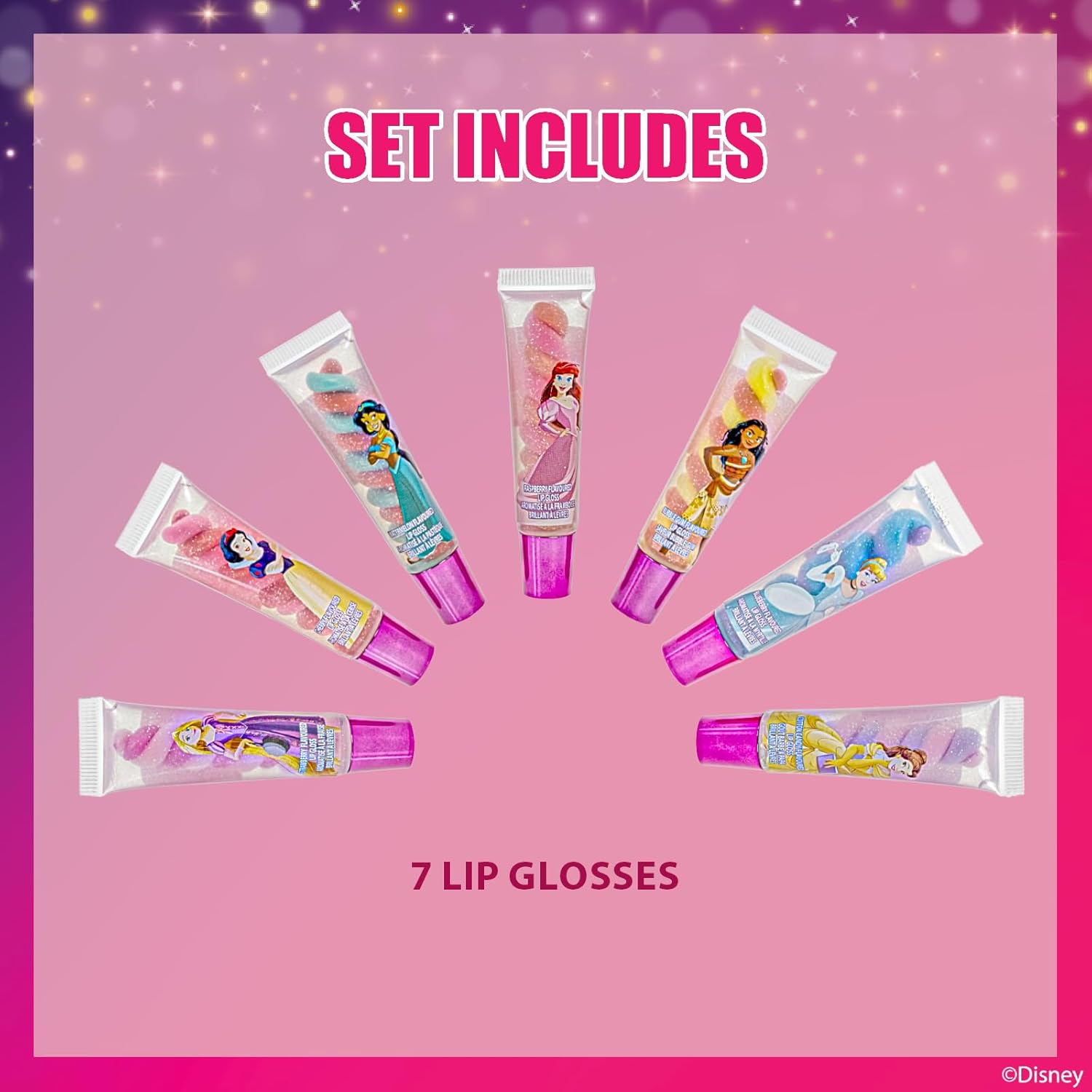 Townley Girl Disney Princess 7 Piece Swirl Lip Gloss, Girls Kids Party Favors, Lip Set for Girls, Perfect for Birthday Gifts, Plant Based, Ages 3