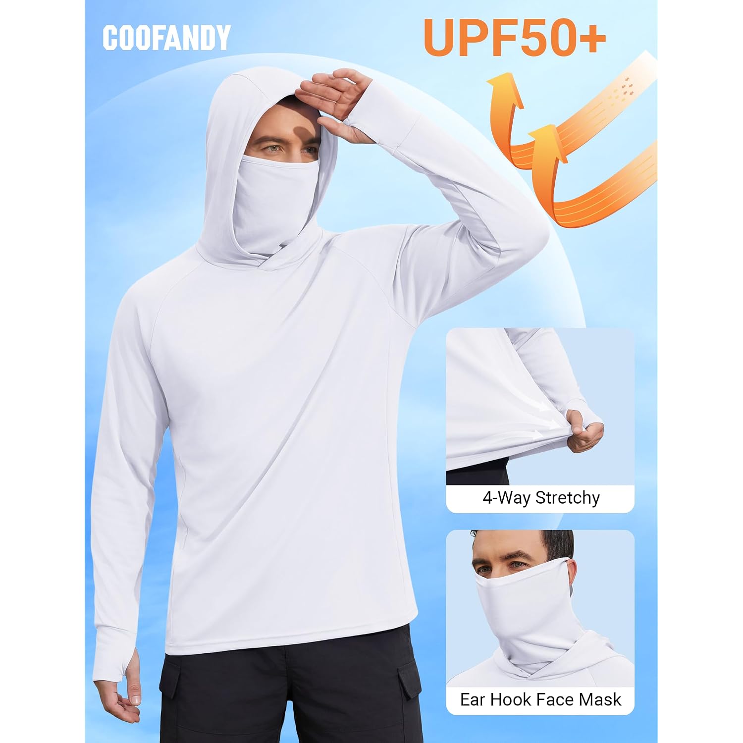 Coofandy Mens Upf 50+ Sun Protection Hoodie With Mask Lightweight Long Sleeve Spf Fishing Shirts Uv Hiking Running Rash Guard