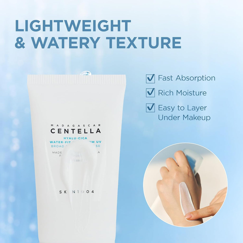 Skin1004 Centella Hyalu-Cica Water-Fit Sun Serum Uv, Korean Sunscreen Spf 50, Centella Sunscreen, Travel Essentials, Sunscreen With Hyaluronic Acid, No White Cast, Korean Skin Care, 1.69 Fl.Oz / 50Ml