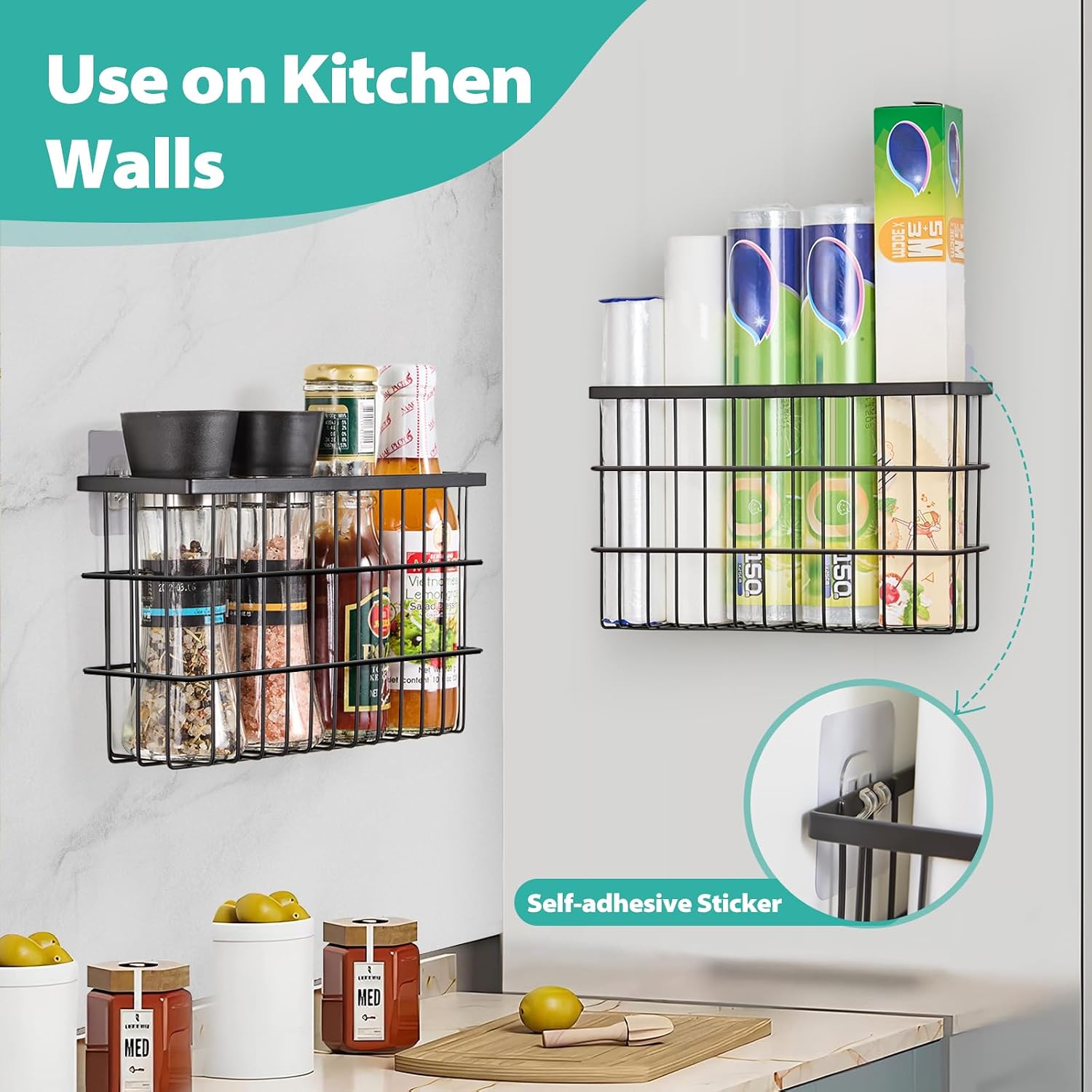 Sinnsally 2 Pack Cabinet Door Organizer,Self Adhesive Lid Organizers Inside Cabinet Storage Boxes,Hanging Storage Basket Organizer Wall Mounted Pantry Caddy Cup Holder For Kitchen,Fridge,Bathroom
