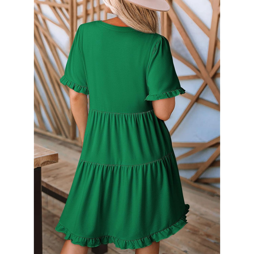 Dokotoo Womens Summer Dresses 2026 V Neck A Line Short Sleeve Casual Ruffle Babydoll Mini Dress