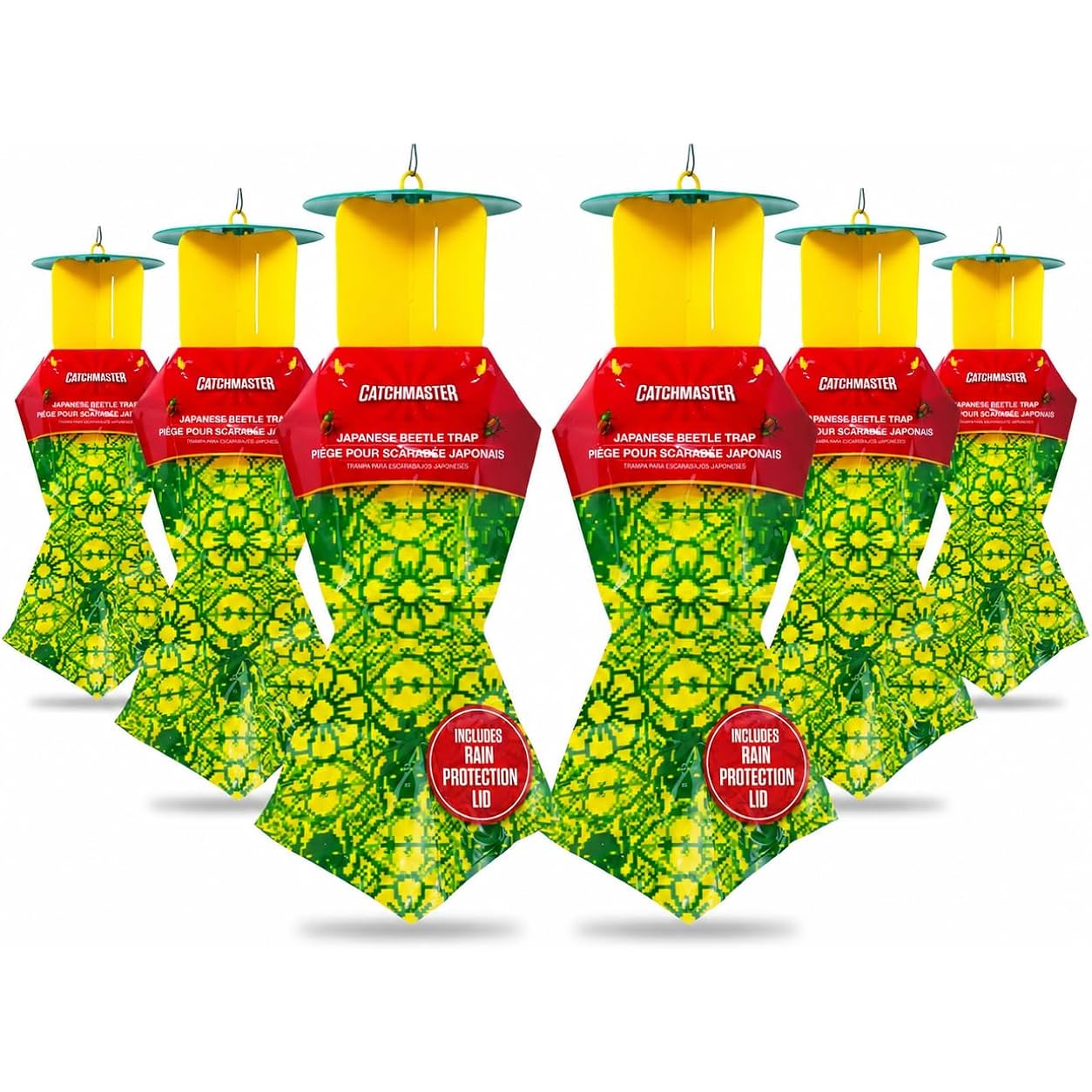 Catchmaster Japanese Beetle Traps W/Rain-Proof Cap 6-Pack & Dual Lure, Beetle Bag Trap, Hanging Beetle Catcher, Pest Control For Backyard & Garden, Plants, Trees, Vegetables & Flowers