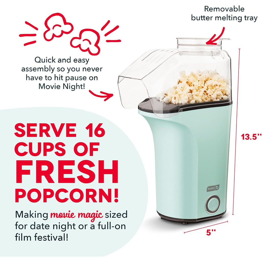 Dash Fresh Pop Popcorn Maker - Oil-Free, Air Popcorn Popper - With Measuring Cup & Recipe Guide - Perfect For Movie Nights - 16 Cups, Aqua