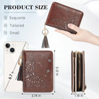 KITEVIUN Women RFID Blocking Small Bifold Wallet, Compact Cash Clutch with Zipper Coin Pocket, Glittery Butterfly Design, Credit Card Holder, Travel Purse with Tassel COFFEE