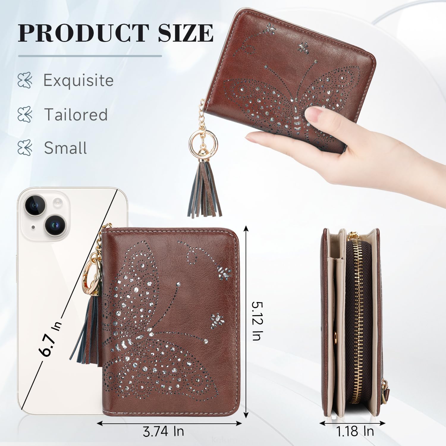KITEVIUN Women RFID Blocking Small Bifold Wallet, Compact Cash Clutch with Zipper Coin Pocket, Glittery Butterfly Design, Credit Card Holder, Travel Purse with Tassel COFFEE